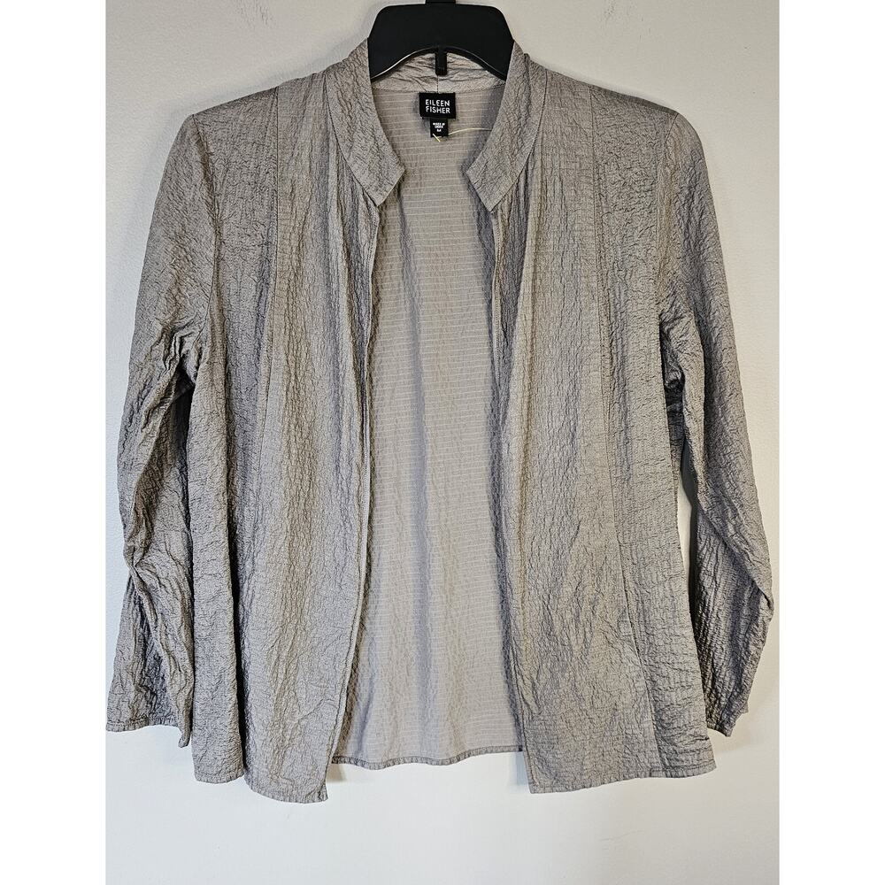 Eileen Fisher Open Silk Blazer Jacket Silver/Metallic Design Womens M